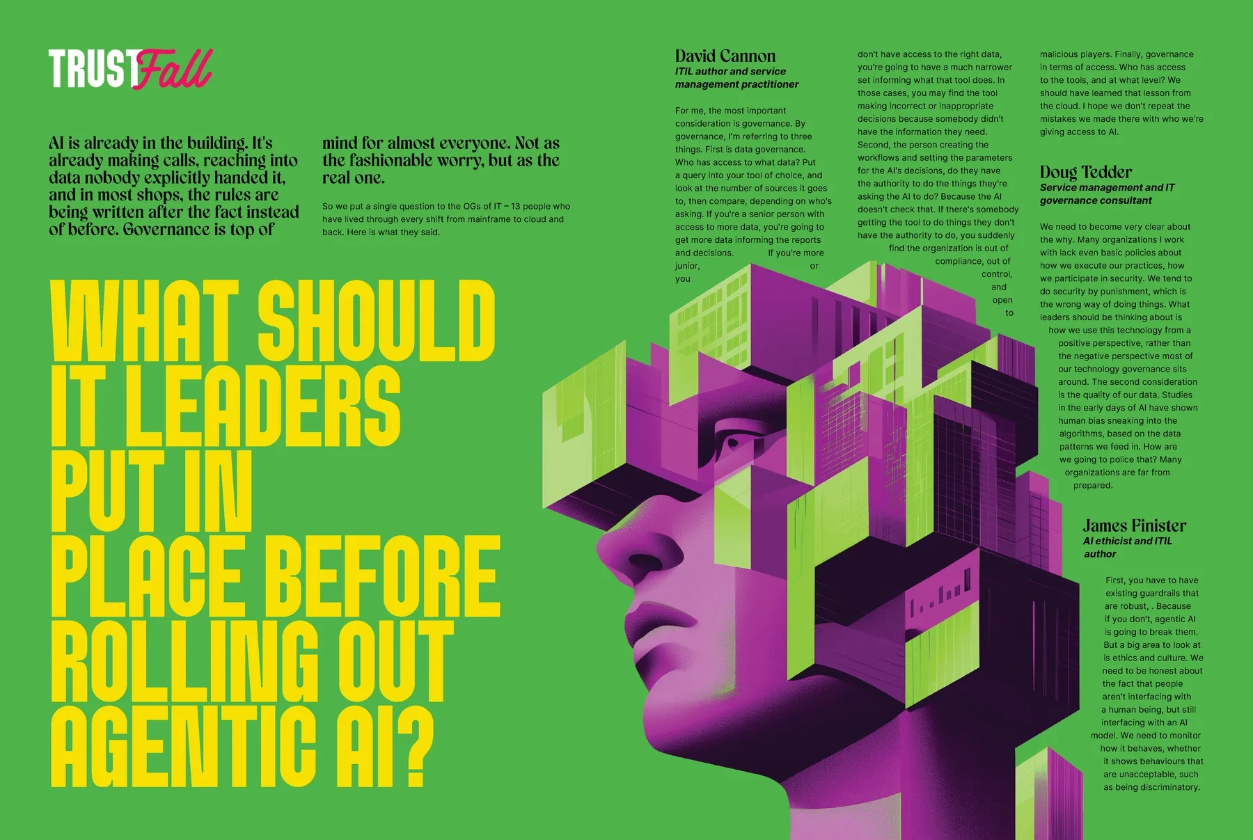Trust Fall: an illustrated head built from purple and green blocks