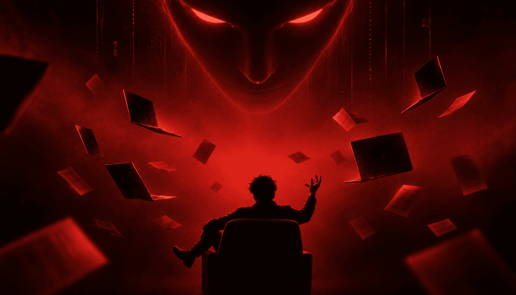 Silhouette of a person surrounded by falling red geometric shapes representing AI activity under IT control
