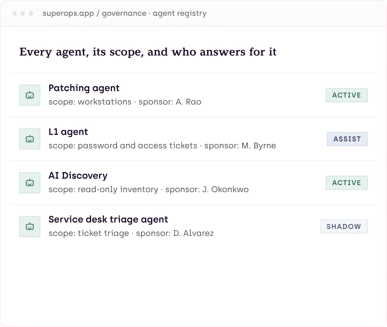 Placeholder product view: agent registry
