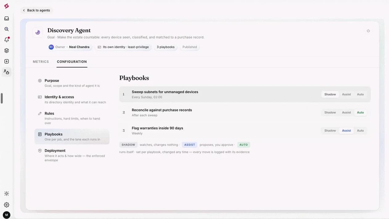 Discovery Agent configuration with its owner, identity and playbooks