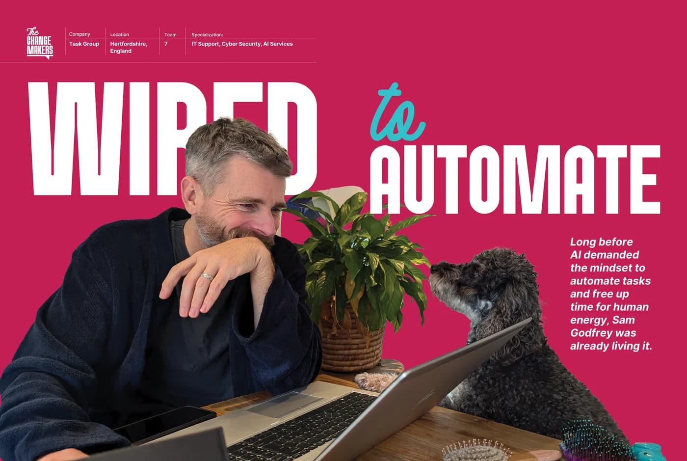 SuperBugle Issue 5 cover story spread: Wired to Automate, with Sam Godfrey at his desk beside his dog